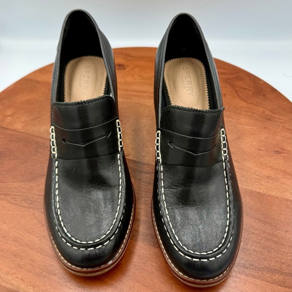 Sperry Top-Sider Shoes - Sperry Seaport Penny Loafer Pumps Black Leather Block Heel STS86538 Womens 8.5